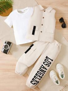 BrownBark Set de 3 piezas de ropa casual versátil para niños pequeños - Camiseta de manga corta de unicolor + Chaqueta sin mangas + Pantalones cargo casuales