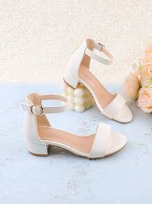 Sandalias de tacón alto blancas para niñas/niños, de tacón grueso y punta abierta, de moda, adecuadas para vestidos de verano, zapatos para niña de flores para bodas y fiestas, zapatos lindos para princesa para niños pequeños/niños pequeños/niños mayores