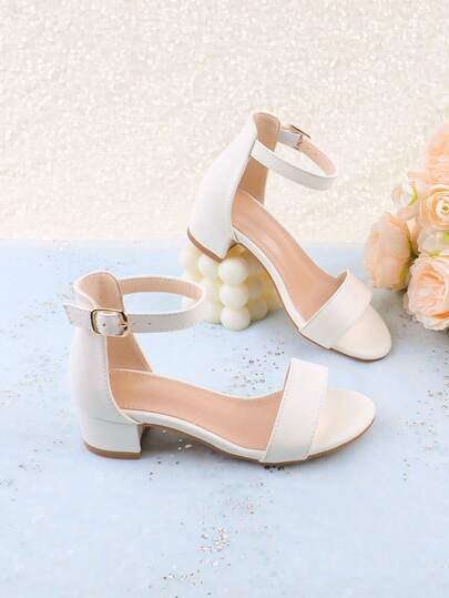 Girls/Children White High Heel Sandals Thick Heel Open Toe Fashion, Suitable For Summer Dresses, Flower Girl Wedding Party Princess Cute Shoes For Toddler/Little/Big Kids