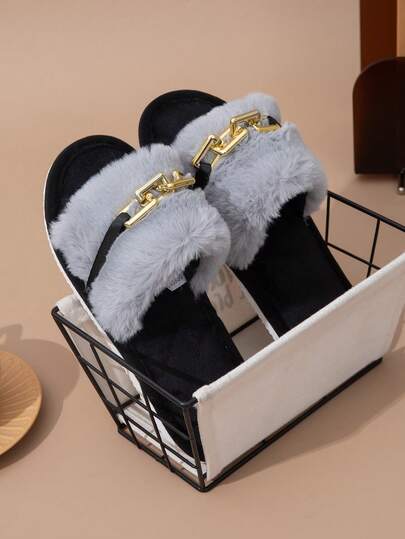 Women's Comfortable Slippers, Fashionable Non-Slip Quiet Fluffy Ribbon Chain Indoor Home Slippers, Suitable For All Seasons