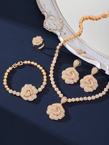 4 件套沙特阿拉伯迪拜新娘珠宝玫瑰花耳环项链手链戒指套装配白色锆石、婚纱配饰、情人节礼物送给女友