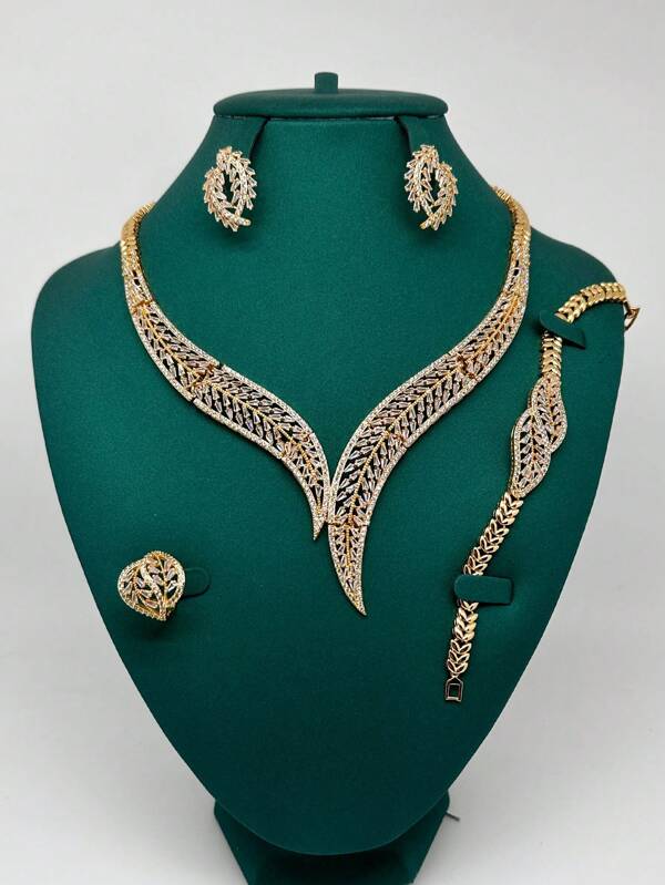 4 pièces Ensemble de bijoux, comprenant un collier, des boucles d'oreilles, une bague et un bracelet, plaqué or cuivre avec zircone micro-incrustée design en forme de V blé, décoration de franges, convient pour l'usage quotidien, les fêtes, les soirées, les mariages pour femmes