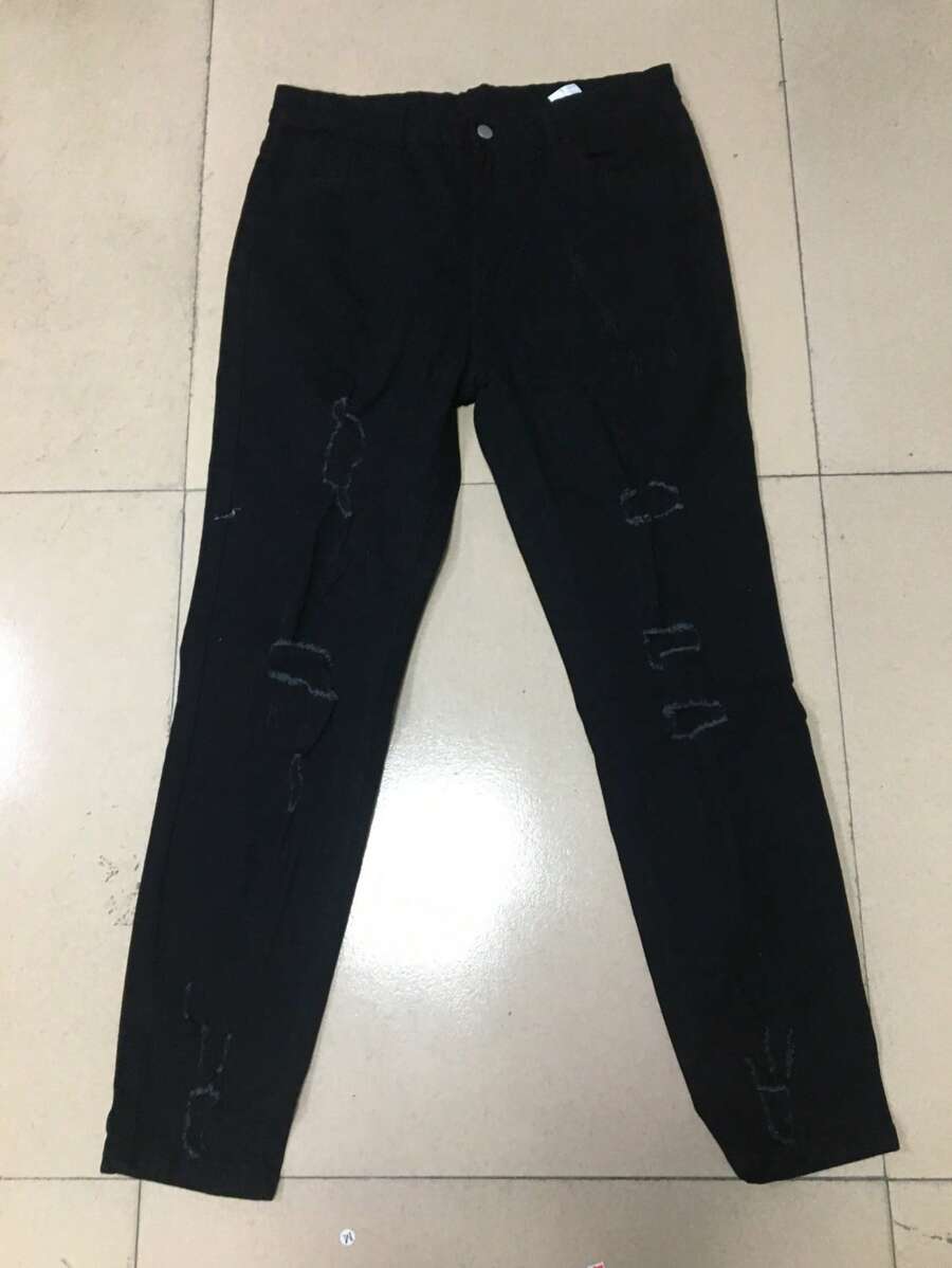 Męskie modne elastyczne jeansy z zamkiem błyskawicznym Street Ripped Distressed Skinny Jeans