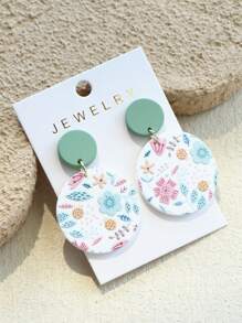 1 Pair Women Elegant Cute Floral & Grass Print Random Pattern Acrylic Round Dangle Earrings, Ceramic Texture