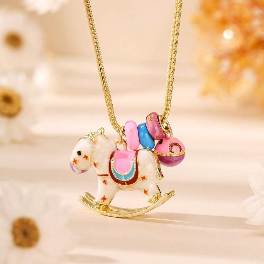 1 colar com pingente de carrossel esmaltado fofo, joia delicada para mulheres, acessórios estilosos, ótimo presente para namorada ou filha - Troianos - Ver 1