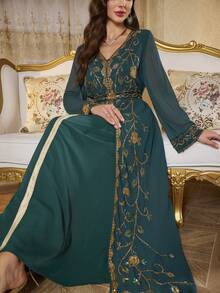 女士长袖优雅亮片二合一连衣裙