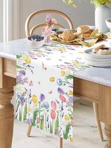 1 Stück Tischläufer mit Frühlings-Tulpen, Polyester Tischdecke mit Gras und Blumen für Frühlings-/Sommerfeste, ideal für Innen- und Außenbereich Esszimmerdekoration