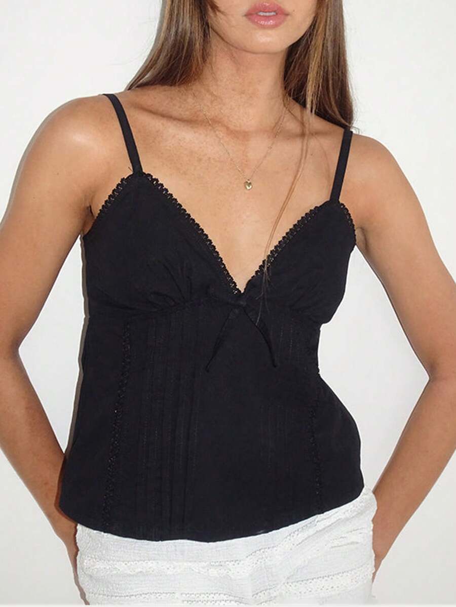 Women Y2k Crop Tank Top Low Cut Sleeveless Cami Top Sexy V Neck Spaghetti Strap Camisoles Summer Going Out Top - 黑色 - 查看 1