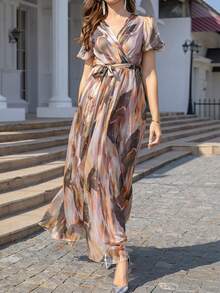 V领荷叶边短泡泡袖印花女士度假连衣裙，夏季优雅款 - 彩色 - 查看 2