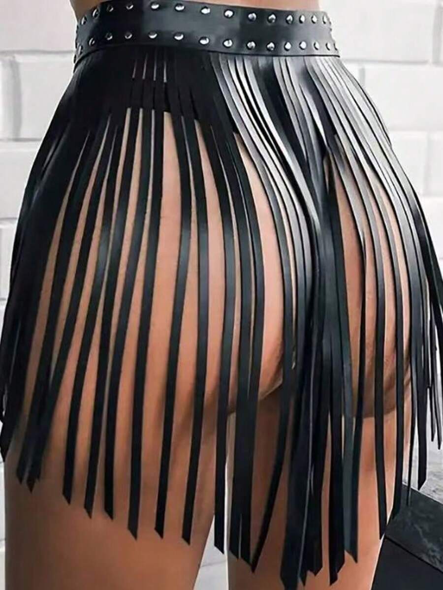 1件装 时尚黑色皮革流苏半身裙 | 圣诞派对夜生活日常穿着女裙 - 黑色 - 查看 1