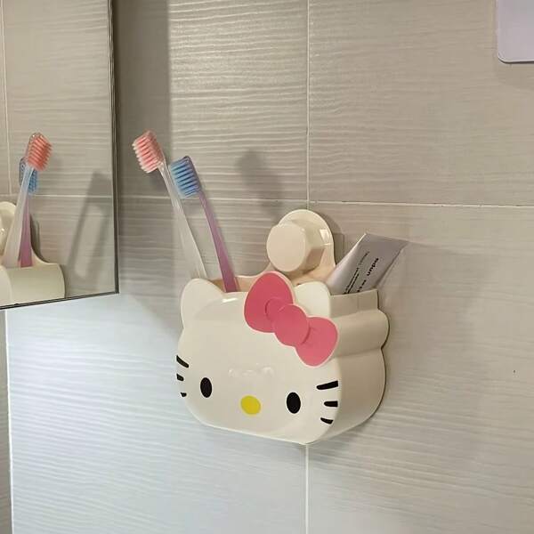 Sanrio Set portaspazzolino da denti Hello Kitty Sanrio - Supporto da parete senza bisogno di forare, contenitore da bagno carino a forma di cartone animato, incluso contenitore portacombina, contenitore per shampoo, scaffale da bagno