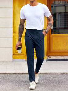 Runcati Pantalones chinos de algodón elástico de corte entallado para hombre, pantalones de vestir ajustados con parte delantera plana - Azul Marino - Ver 3