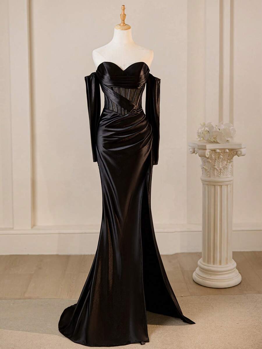 Elegantes, schickes Damen Off-Shoulder Meerjungfrau-Schnitt Enges Langes Kleid, Formelles Abendkleid für Bankette, Partys, Proms, Winter, abnehmbare Ärmel - Schwarz - Übersicht 1