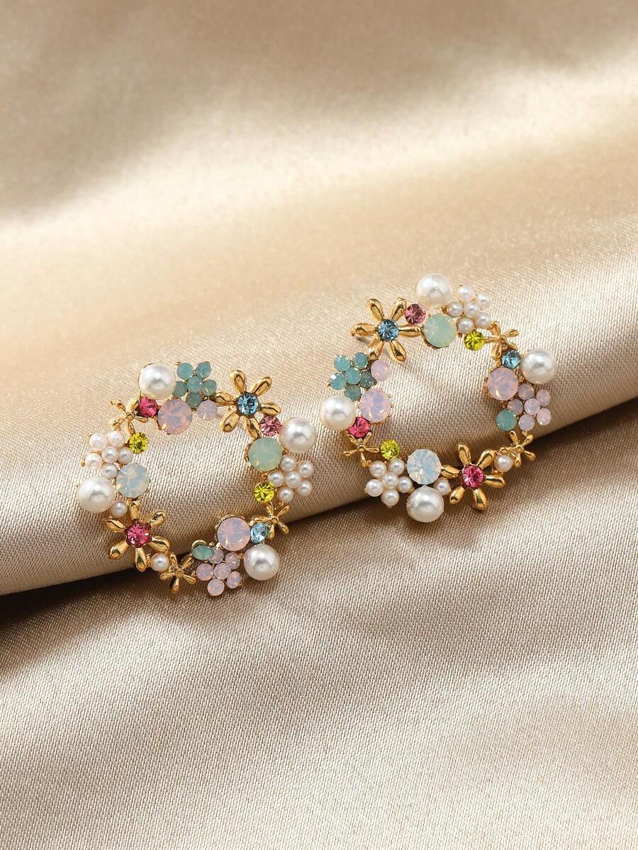 1 Pair Fashionable Rhinestone Flower Round Stud Earrings, Suitable For Daily Wear - Multicolor - View 1