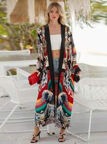 Kimono de manga larga con abertura delantera, estilo bohemio, de talla grande, con estampado vibrante, ligero y transparente como cubrebotas de playa, de tela de poliéster sin elástico, prenda exterior casual para mujer para vacaciones