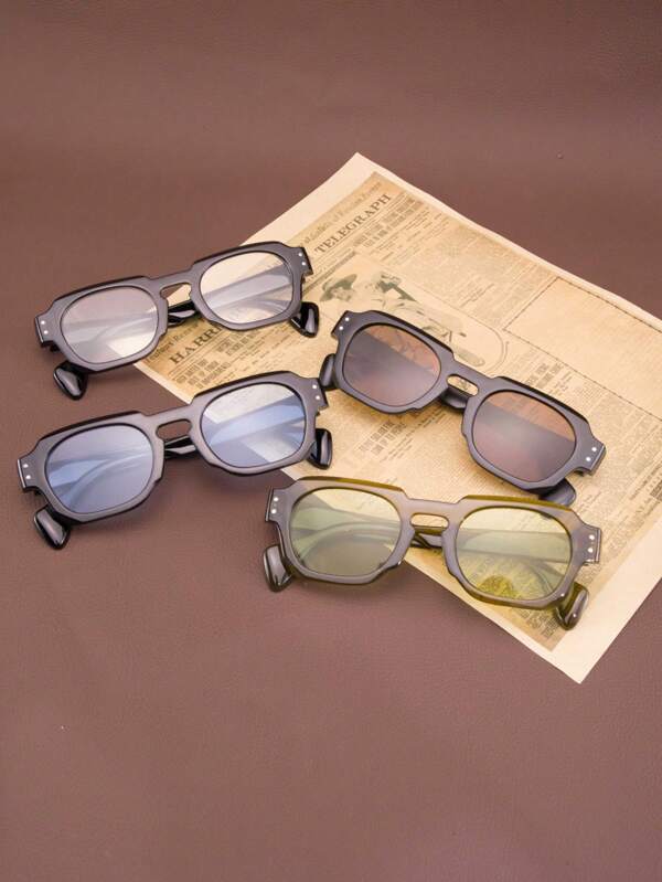 1 Pair Men's New Stylish Asymmetrical Polygon Rivet Accent Fashion Glasses, Suitable For Daily Wear, Riding, Vacation, Party