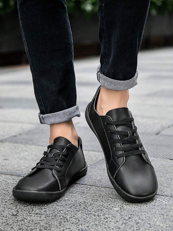 Spring Autumn New Large Head Wide Foot Men's Leather Shoes, Black Soft Bottom Non-Pinching Casual Work Shoes, Plus Size