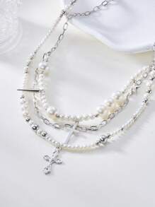 1pc Minimalist Vintage Cross & Pearl Layered Necklace, Fashion Statement Choker Necklace, Suitable For Party, Gathering, Daily Wear, Gift For Her