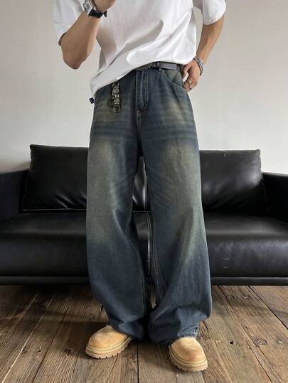 1 chiếc quần jeans Justice Brother Vintage Washed, quần ống rộng dáng suông thoải mái với họa tiết trang trí dành cho nam (không bao gồm thắt lưng/phụ kiện)