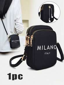 1pc Black Casual & Fashionable Mini Handbag, "Milan Italy" Themed, With Phone Pocket, Coin Purse, Ladies' Crossbody Phone Bag, Shoulder Bag, Wallet, Lightweight & Odorless Polyester Travel Bag - Black - View 1
