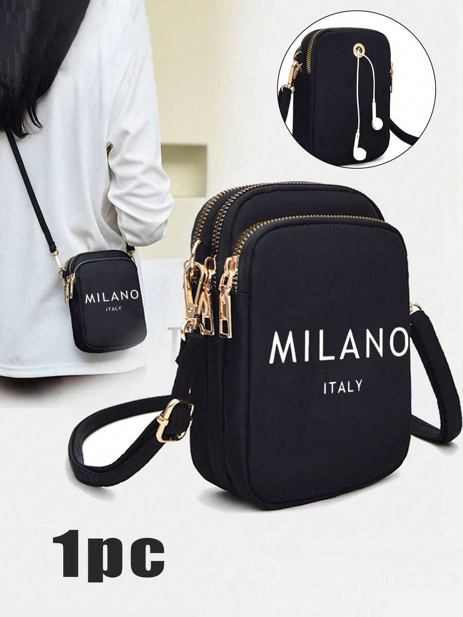 1pc Black Casual & Fashionable Mini Handbag, "Milan Italy" Themed, With Phone Pocket, Coin Purse, Ladies' Crossbody Phone Bag, Shoulder Bag, Wallet, Lightweight & Odorless Polyester Travel Bag - Black - View 1