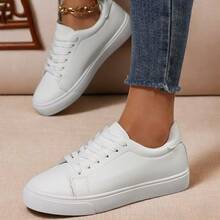 Plus Size Women White Sneakers, Fashion Casual Lace-Up Flat Shoes, Versatile School/Sports Shoes (Please Order One Size Up As The Shoes Run Small)