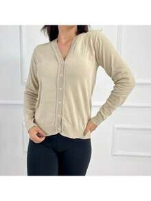 Women's Knitted Linen Cardigan With Button Closure - Beige - View 3