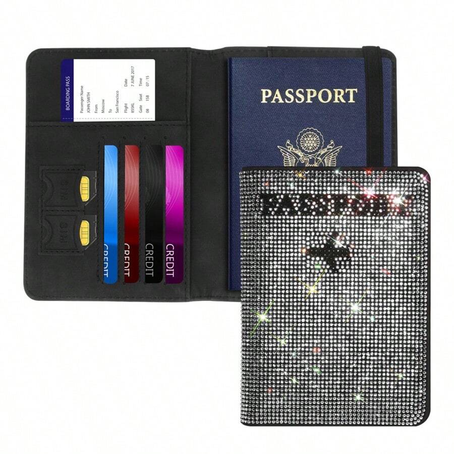 Rhinestone RFID Blocking Passport Holder Leather Travel Wallet Pouch, Multi-Color