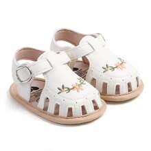 Baby Girl Sandals, PU Leather Non-Slip Embroidery Flower Summer Flats Toddler Shoes For Casual Daily - 白色 - 查看 5