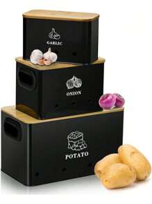 Kartoffelaufbewahrungsbox 3er Set Kartoffelaufbewahrung Küchenaufbewahrung für Kartoffeln hält Gemüse frisch Langer Kartoffeltopf Zwiebeltopf und Knoblauchtopf mit Belüftungslöchern und Griffen