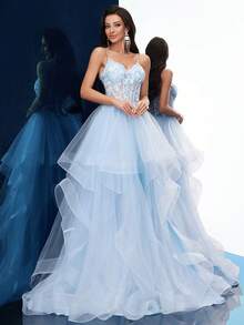 Women Formal Dress Elegant Summer Evening Gown Graduation For Birthday Party, Graduation Season Prom, Solid Color Appliqued Sleeveless Layered Hem Floor Length Dresses - Baby Blue - View 6