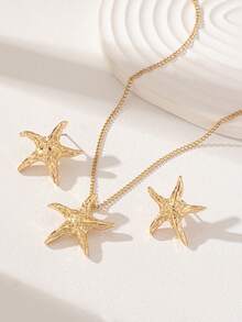 1 Set Summer Vacation Beach Style Starfish Necklace Earring Jewelry Set For Women - Gold - View 2
