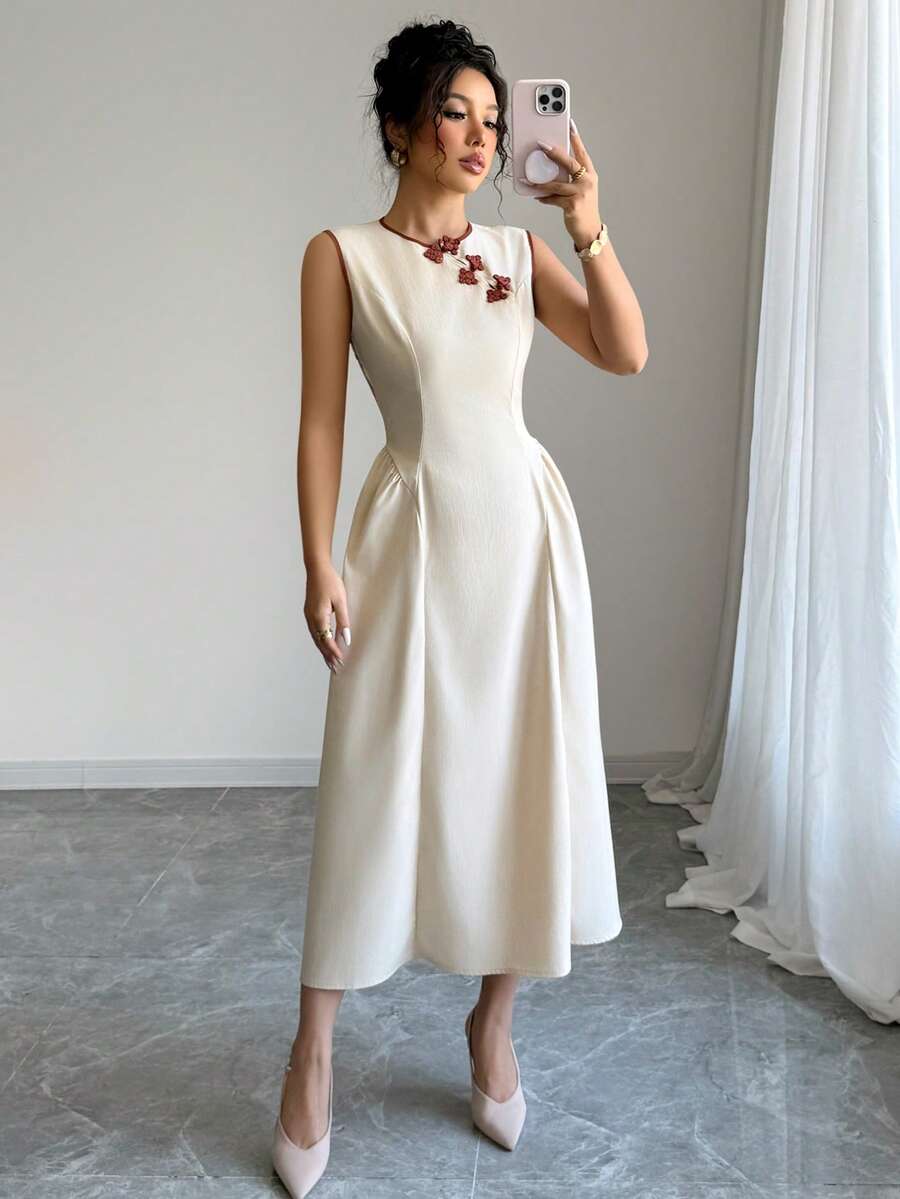 Women's Retro Solid Color Sleeveless Stand Collar Patchwork Button Front Pleats Hem Summer Long Dress - Apricot - View 1