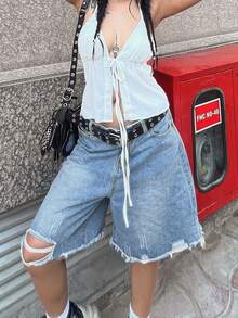 Shorts Bermudas de mezclilla holgados y desgastados para mujer - Azul - Ver 5