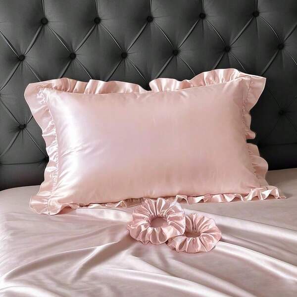 Wedding Set: 1pc Ruffled Envelope-Style Pillowcase (Pillow Core Not Included) + 2pcs Hair Ties For Hair & Skin Protection, Bedroom, Guestroom