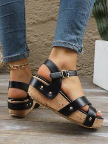 [2026 Spring/Summer New Arrival] Y2K European & American Ins Style Soft Cork Platform Wedge Thong Strap Rivet One-Buckle Roman Gladiator Wedge Sandals For Women - Black - View 4