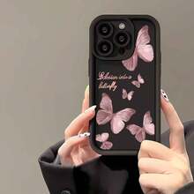 1 件淡粉色蝴蝶和英文文字可爱卡通创意简约美学设计磨砂黑色镜头框架阶梯式保护软手机壳兼容三星/Galaxy/OPPO/VIVO//Honor/Realme 手机防水防震防摔防刮 - 彩色 - 查看 3