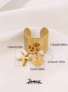1 pièce Bague large ouverte en acier inoxydable et plastique ronde avec pendentif coquillage de perle et étoile de mer. Cadeau de bijoux charmants pour femmes, convient pour un port quotidien