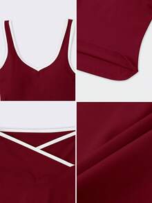 NcmRyu 一套女士高弹力撞色V领露脐上衣和紧身裤瑜伽健身套装 - 紅色 - 查看 3