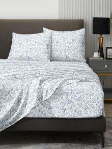 4pcs/Set Blue Plum Blossom Branch Flower Pattern Sheet Set Easy Care Microfiber Soft Bedding Set Floral Fitted Sheet Set (1pc Flat Sheet+1pc Fitted Sheet+2pcs Pillowcases) Fitted Sheet Set King Queen Full TWIN SIZE Sheet Deep Pocket Up To 11.8 Inch Pillowcase, Soft Breathable Wrinkle-Free Better For Sleep, Luxury Hotel Style, Gift For Mom Dad Friend