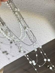 1pc Pearl Beaded Tassel Necklace Set, Elegant Luxurious Style Made Of Resin & Metal, Suitable For Women's Party And Daily Wear - White - View 6