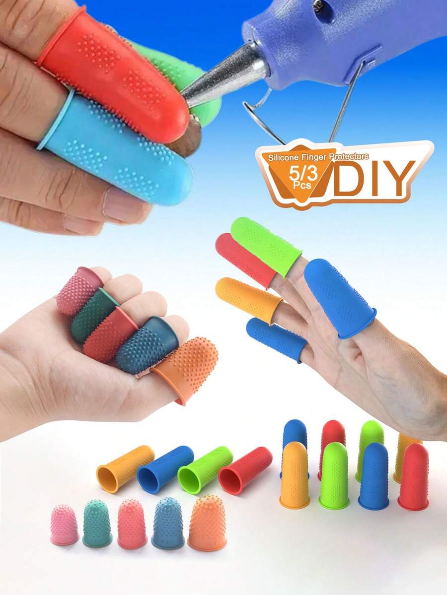 5/3pcs Silicone Finger Protectors, Finger Protectors, Finger Protectors For Hot Glue, Silicone Thimble, Hot Glue Finger Protectors, Fingers Tip Pads Grips For Money Counting Collating Writing Sorting Task Hot Glue And Sport Games (Color Sent Randomly) - Multicolor - View 1