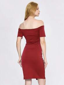 Vestido de manga corta, ajustado, elástico, con hombros descubiertos, vestido sexy con dobladillo - Rojo - Ver 3