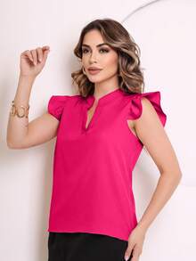 MARILYN MONNA New Women's Solid Color Classic V-Neck Ruffle Elegant Notched Neck Sleeve Blouse - Màu Hồng Tươi - Xem 3