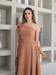 Helena Luxury Dune Linen Midi Dress With Bow On The Sleeve - 卡其色 - 查看 6