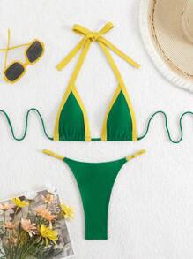 LUCKY HOLIDAY Fashionable Sexy Backless Halter Neck Contrast Color Bikini Swimsuit Set