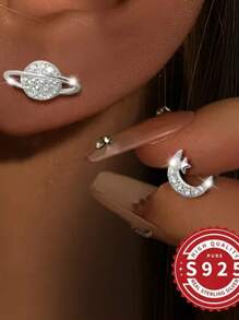 1 Pair 925 Sterling Silver Asymmetric Moon & Star Stud Earrings, Unique Personalized Design Small Earrings, Suitable For Party Events, Holiday Gifts