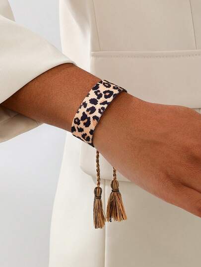 1 pieza Brazalete ancho de leopardo trenzado hecho a mano para mujer, diseño bohemio retro y sexy, apto para uso diario y fiestas