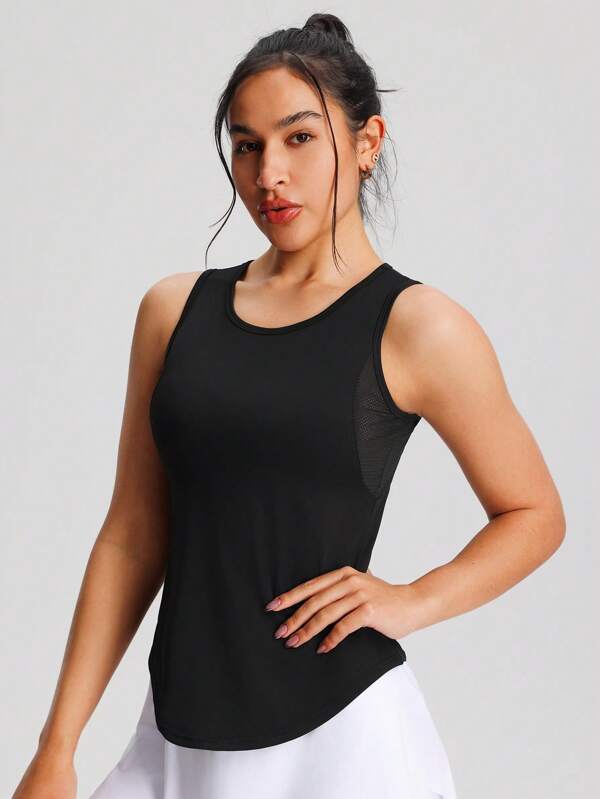 Top deportivo sin mangas de malla transpirable con parches, chaleco curvo para yoga, fitness y running