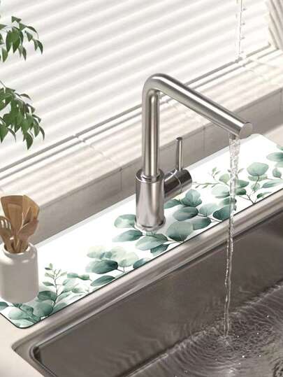 1 pieza Tapete de secado de vajilla con estampado de hoja verde simple y fresco, alfombrilla a prueba de humedad para cocina y baño, alfombrilla absorbente de agua para grifos de baño, decoración de cocina y mesa, perfecto para regalos festivos, se puede regalar